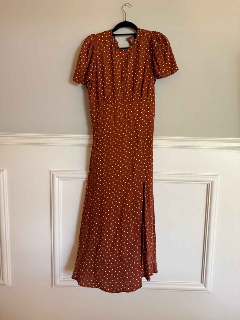 AFRM Rust Polka Dot Midi Dress with Puff Sleeves